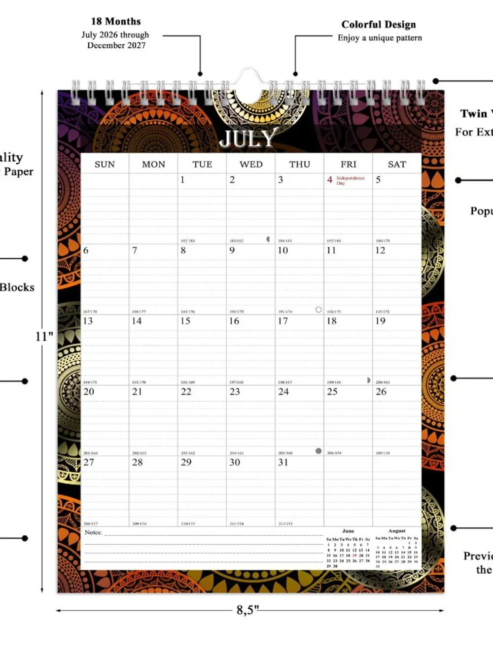 2026-2027 Wall Calendar Spiral-bound Twin-Wire Binding - 18 Months 8.5